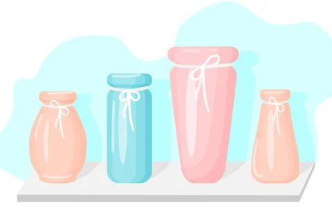 Ceramic vases with rope decorations on the shelf. Isolated illustration on a Stock Illustration