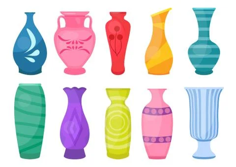 Ceramic Vases set, modern flat style. Antique Pottery classic pot and bowl Stock Illustration