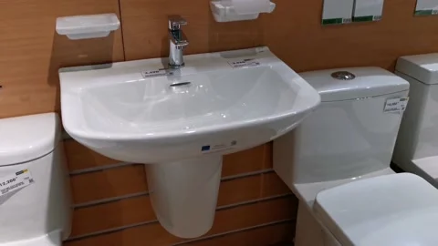 Ceramic Wash Basin with Mixer Stock Footage 159836608