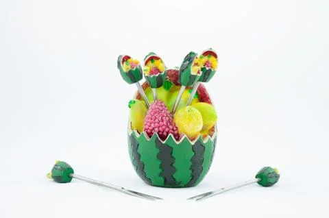 Ceramic Watermelon Fruit Fork on White Background Stock Photos
