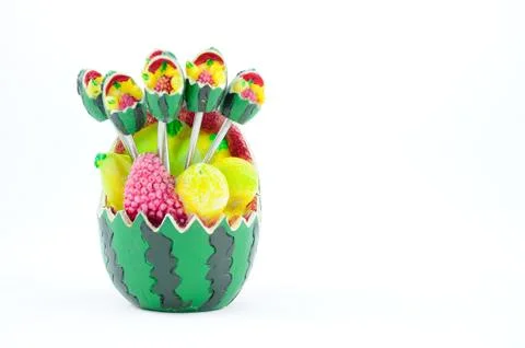 Ceramic Watermelon Fruit Fork on White Background Stock Photos
