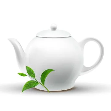 Ceramic White Teapot With Vector Green Tea Leaf Stock Illustration