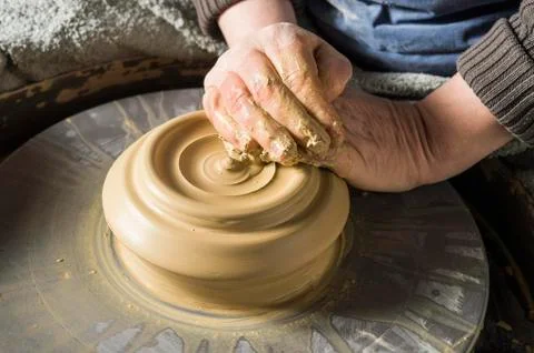 Ceramic workshop hands shape clay on pottery wheel Pittenhart Upper Bavaria Stock Photos