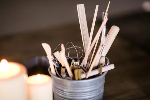 Ceramics. Objects for working with clay, stacks, sticks, brushes Stock Photos