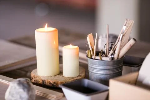 Ceramics. Objects for working with clay, stacks, sticks, brushes Stock Photos