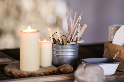 Ceramics. Objects for working with clay, stacks, sticks, brushes Stock Photos