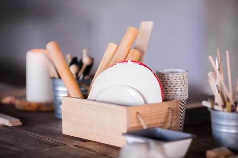 Ceramics. Objects for working with clay, stacks, sticks, brushes Stock Photos