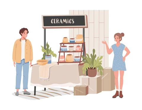 Ceramics shop vector flat illustration. Happy man in casual clothes choosing and Stock Illustration