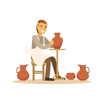 Ceramist man making ceramic pots, craft hobby or profession colorful character Stock Illustration