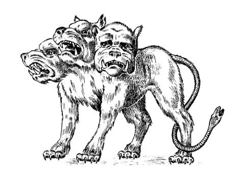 Cerberus three headed dog. Mythical Greek antique monster. Mythological animal Stock Illustration