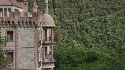Cercs abandoned Count Figols Olano mansion tower trees zoom Stock Footage 317498126