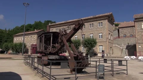 Cercs coal mining musem excavator old rusty vintage wide Stock Footage 317496994
