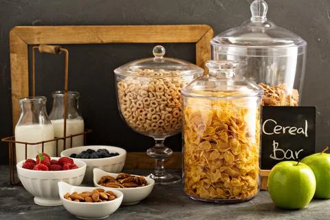 Cereal bar or buffet wih cornflakes, fruit and nuts 스톡 사진