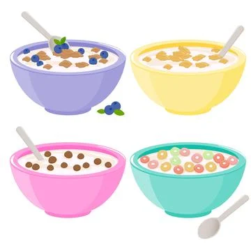 Cereal breakfast bowl set, cornflakes with milk, chocolate, blueberries fruits. Stock Illustration