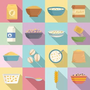 Cereal flakes icons set, flat style 스톡 일러스트
