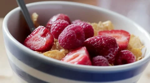 Cereal with fresh fruit Stock Footage 7730926