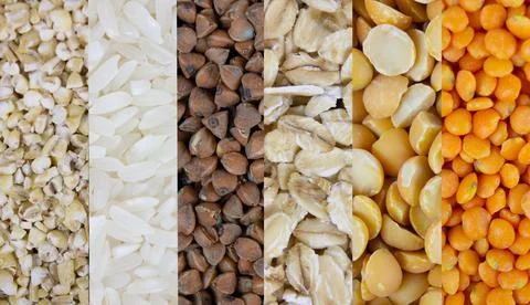 Cereals of different types close up texture. Healthy Eating. Stock-Fotos