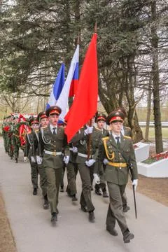 Ceremonial group with flags. 库存照片