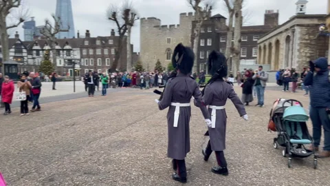 Ceremonial Tower Guards March Through London Tower Courtyard, Slow Motion Stock Footage 329173230