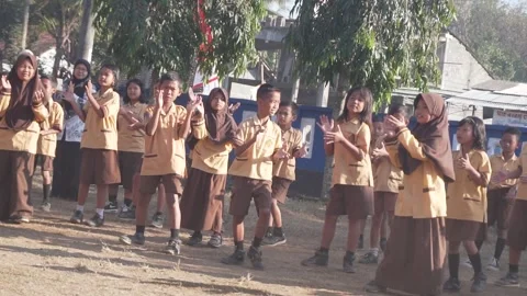 Ceremony and morning exercise in elementary school before entering class Stock Footage 135069430
