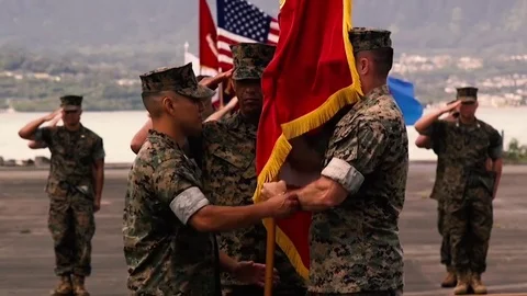 Ceremony exchanging flags to assume command at Marine Corps Base Hawaii Stock-Footage 84257090