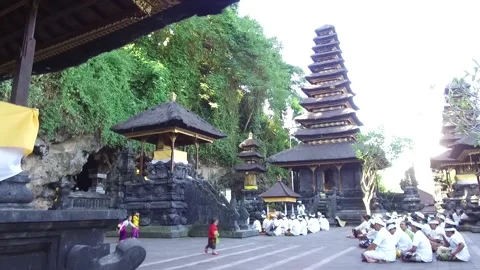 Ceremony at the Goa Lawah Bat Cave Temple, Bali, Indonesia Stock Footage 131153155