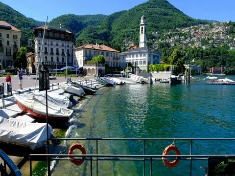 Cernobbio, Como lake, Italy. View on the touristic pier. Clear Water. Stock Footage