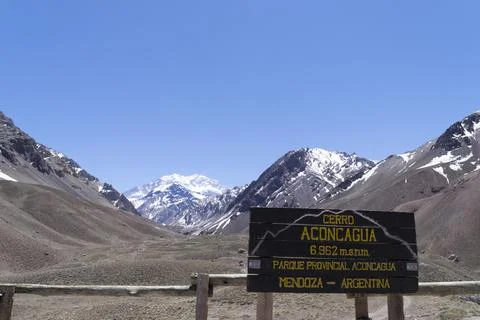 Cerro aconcagua sign announcing elevation in andes mountains Stock Photos