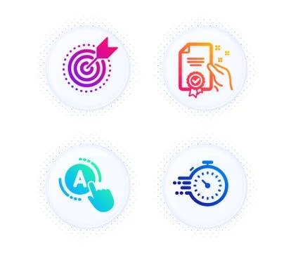 Certificate, Ab testing and Target purpose icons set. Timer sign. Certified Stock Illustration