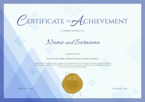 Certificate of achievement template with blue theme background, Thai line and Stock Illustration