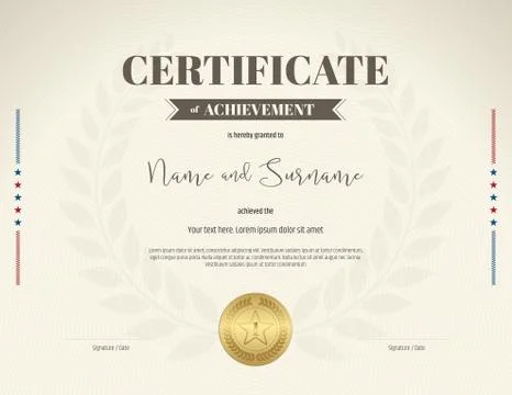 Certificate of achievement template in brown theme on beige color with laurel Stock Illustration