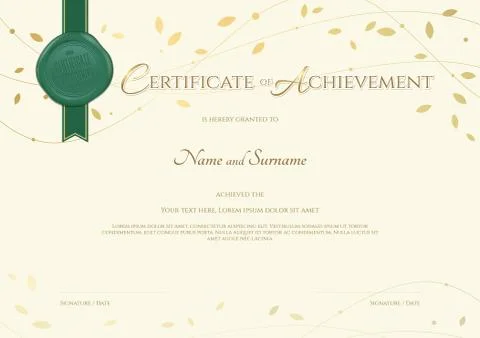 Certificate of achievement template in environment theme with green wax seal  Stock Illustration