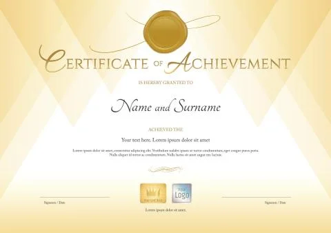 Certificate of achievement template in gold theme with gold wax seal Stock Illustration