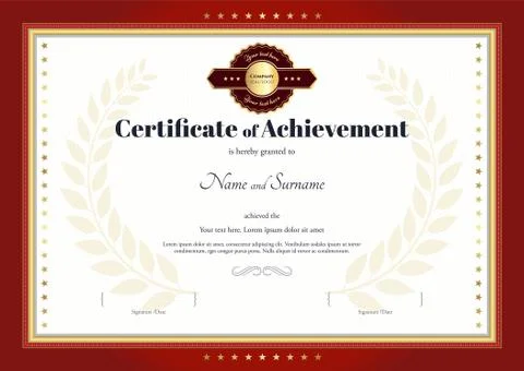 Certificate of achievement template with red border and red gold seal Stock Illustration