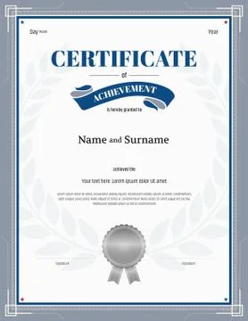 Certificate of achievement template with silver gray border laurel background Stock Illustration