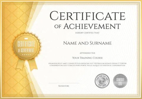 Certificate of achievement template in vector with applied Thai line in yello Stock Illustration
