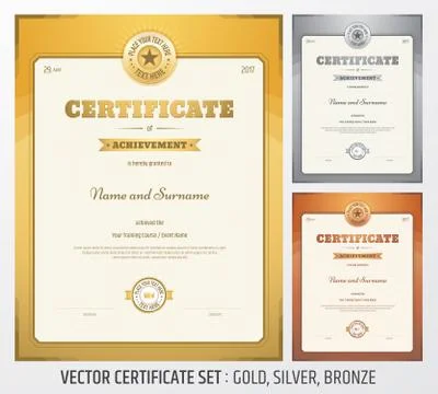 Certificate of achievement template in vector in gold silver and bronze theme Stock Illustration