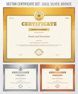 Certificate of achievement template in vector in gold silver and bronze theme Stock Illustration