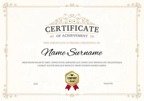 Certificate of achievement vector template background. Illustrazione stock