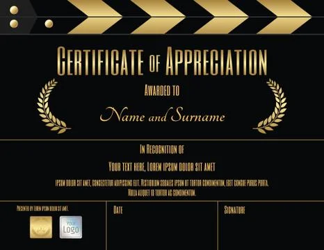 Certificate of appreciation template in black and gold with movie and slate f Stock Illustration