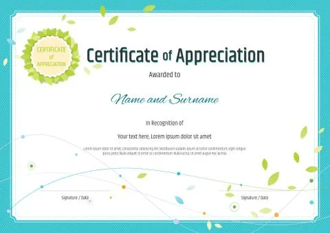 Certificate of appreciation template in nature theme with green leaf emblem v Stock Illustration