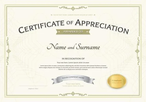 Certificate of appreciation template with silver award ribbon on abstract gui Stock Illustration