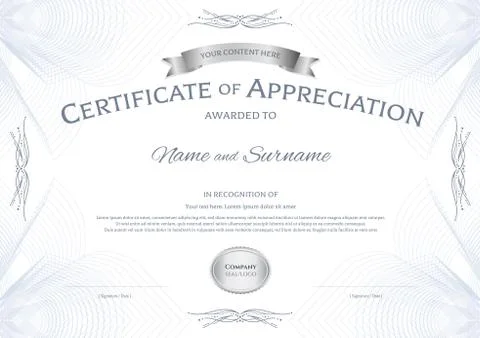 Certificate of appreciation template with silver award ribbon on abstract gui Stock Illustration