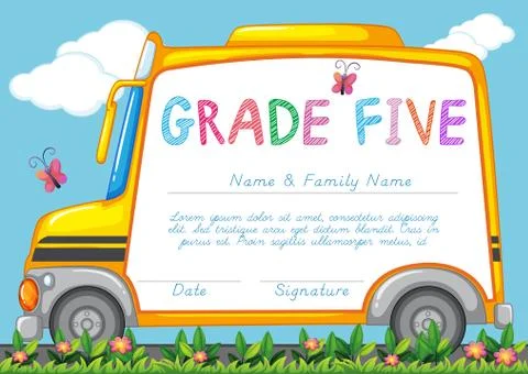 Certificate with background of schoolbus in the park 库存插图