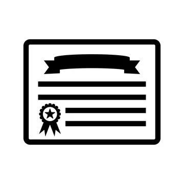 Certificate, certification, degree icon. Black vector graphics. Stock Illustration