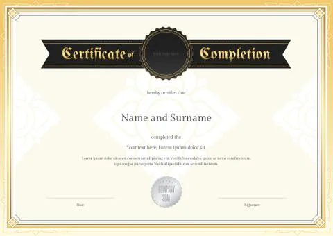 Certificate of completion template with applied Thai art background and borde Stock Illustration