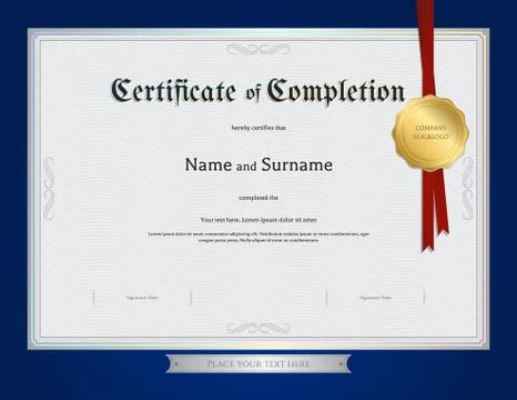 Certificate of completion template with blue border Stock Illustration