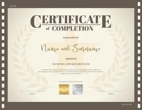 Certificate of completion template in brown color with movie and film theme Stock Illustration