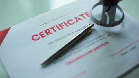 Certificate document approved, hand stamping seal on official paper, validation Stock Footage 97280799