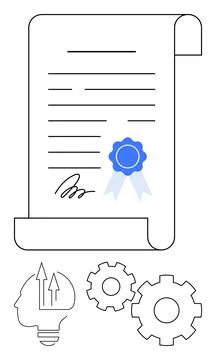 Certificate Document with Blue Ribbon, Signed, and Accompanied by Innovatio.. Stock Illustration